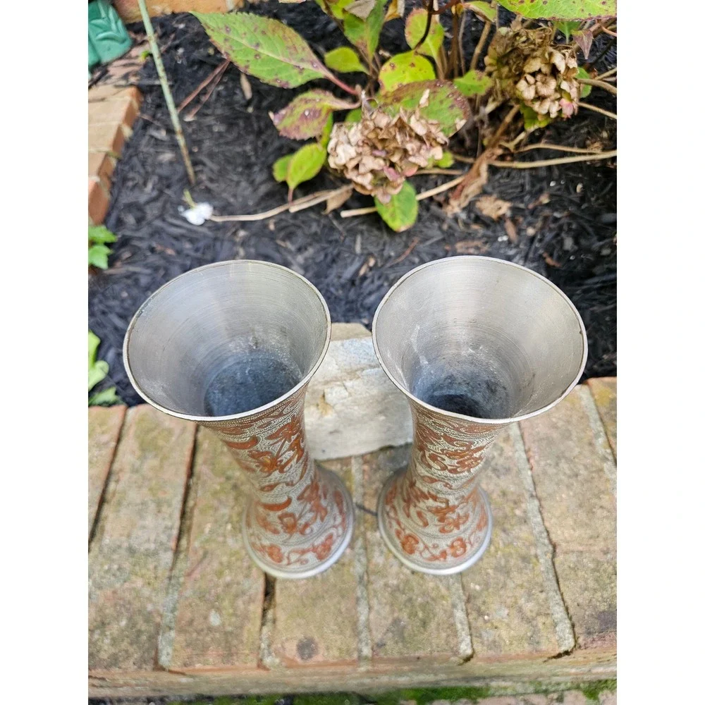 Vtg Pair of Silver-Tone Brass Trumpet Vases with Orange Floral Etchings, 9